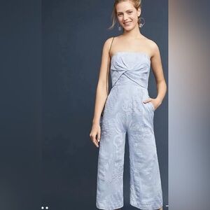 Aijek Anthropologie Natalia Silk Linen Embroidered Jumpsuit Baby Blue Size 2-4